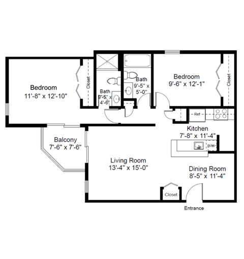 Two Bedroom Type A Floorplan at Blue Hills Village, Massachusetts.